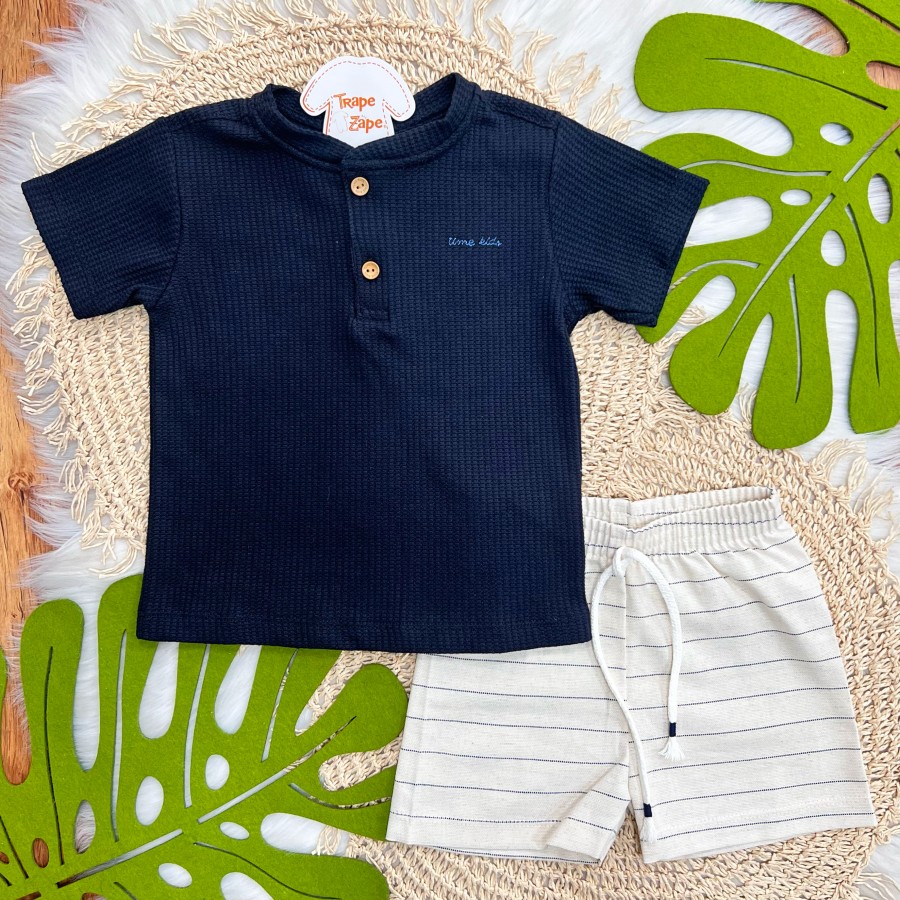 Conj. Camiseta Time Kids Canelada e Bermuda em Linho - Marinho